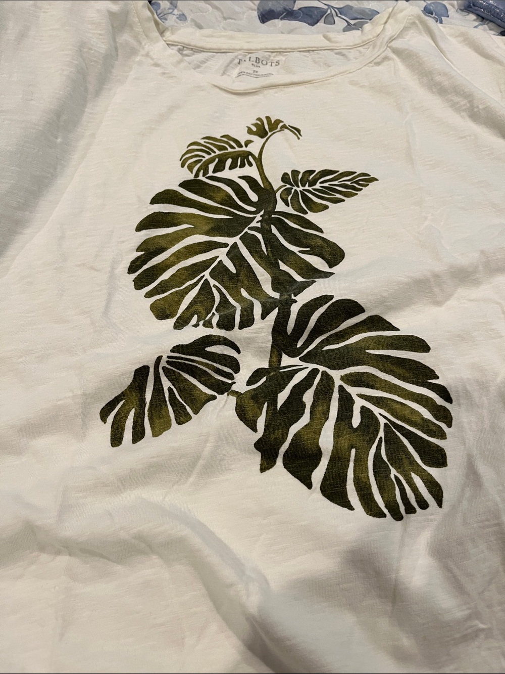 Talbots White T-Shirt with Olive Leaf Motif